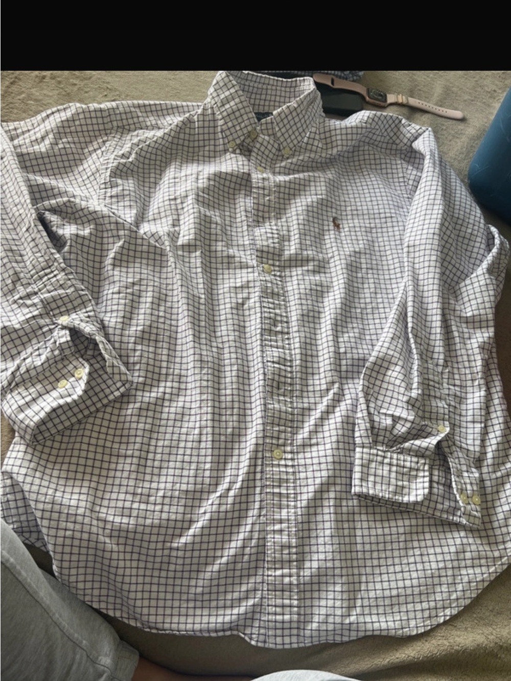 Ralph Lauren White Button-Down Shirt with Navy Windowpane Check